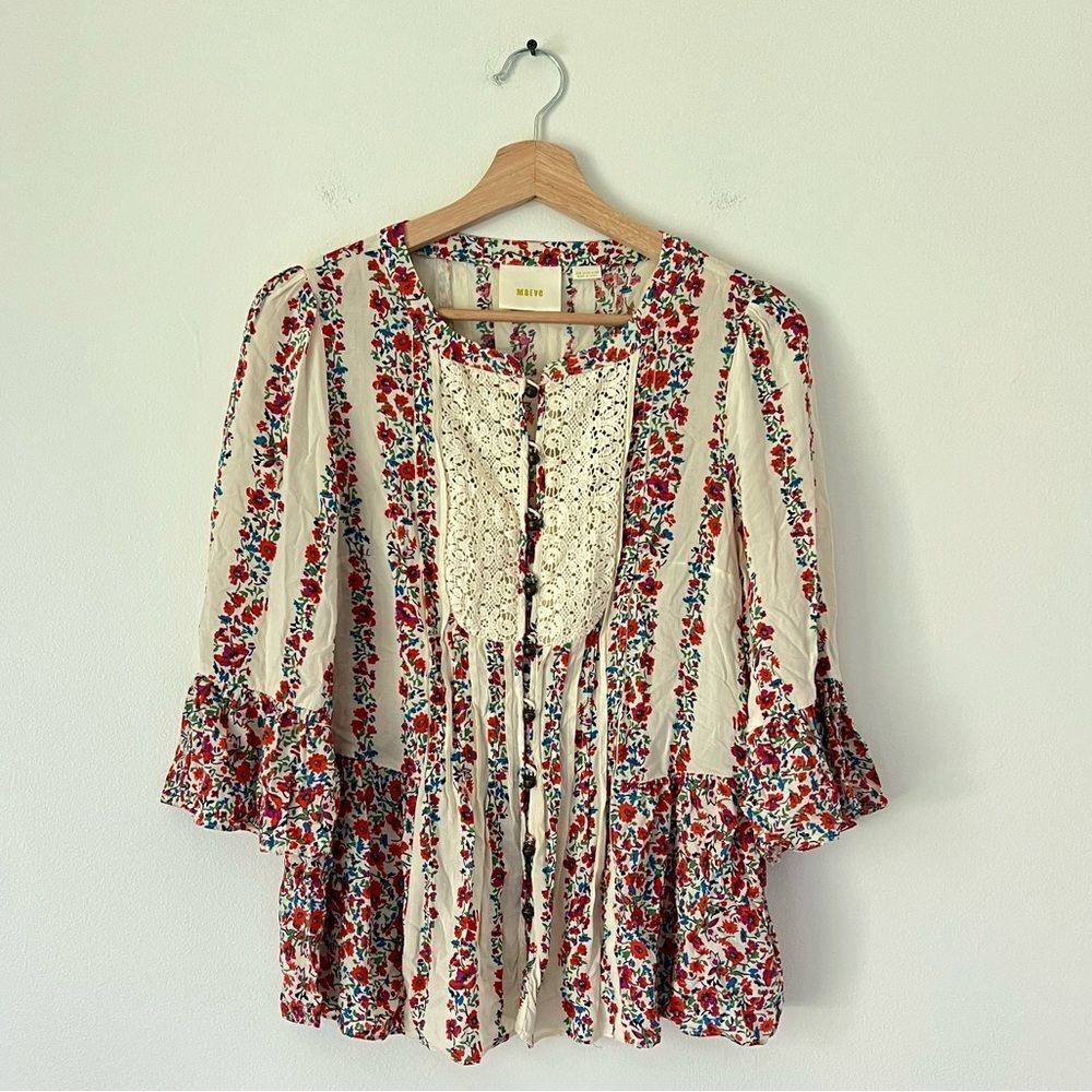 Anthropologie Maeve Hiver Boho Floral & Lace Bell Sleeve Peasant Blouse Size 6