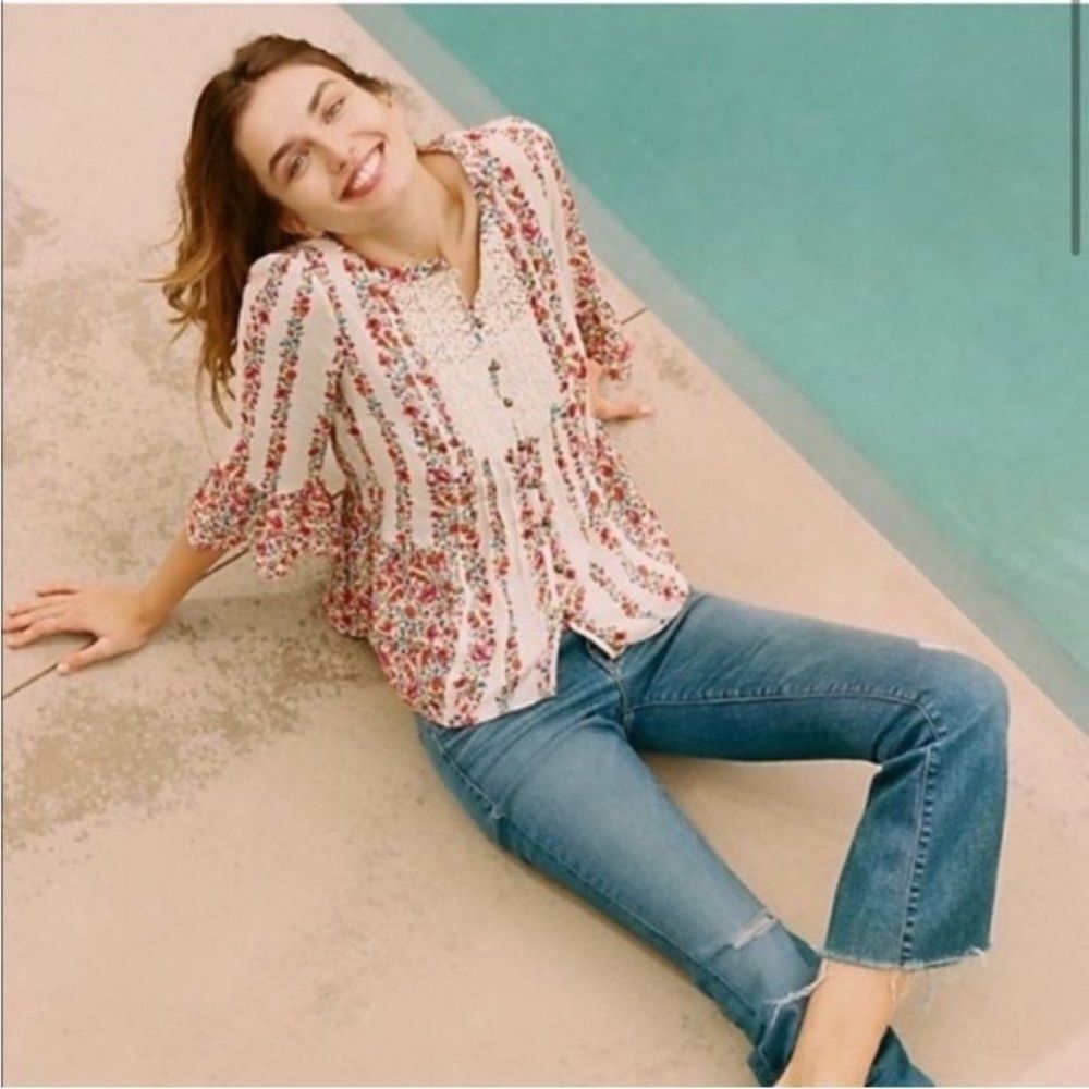Anthropologie Maeve Hiver Boho Floral & Lace Bell Sleeve Peasant Blouse Size 6