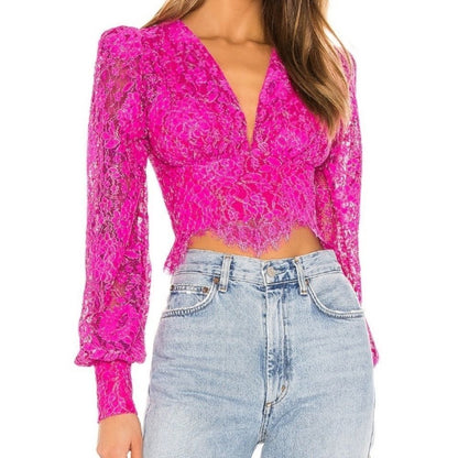 NBD Merlot Lace Blouse Top in Magenta Size Small Long Sleeve