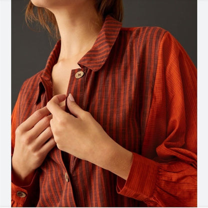 Anthropologie Oversized Button Down Tunic Shirt Lightweight Rust Brown Small