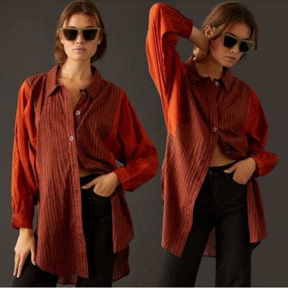 Anthropologie Oversized Button Down Tunic Shirt Lightweight Rust Brown Small