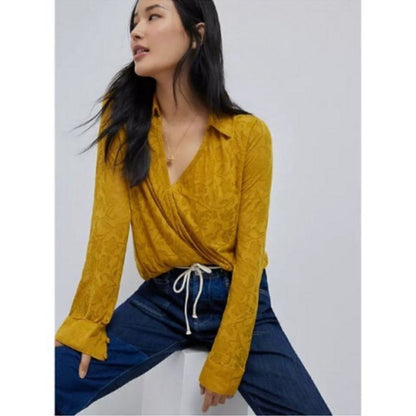 Anthropologie Maeve Lydia Gold Floral Burnout Wrap Blouse NEW Size Medium