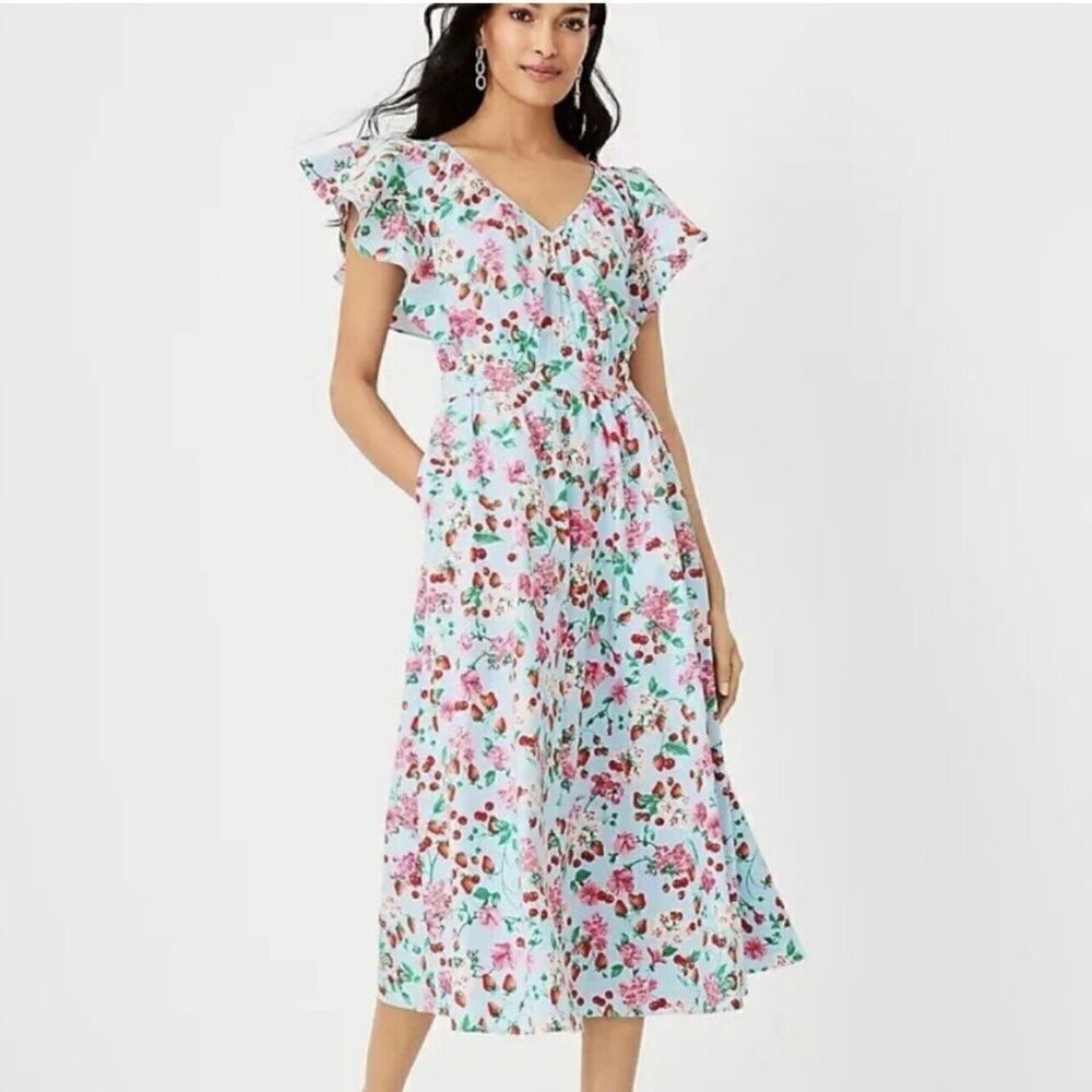 NEW Ann Taylor Strawberry Cherry Flutter Sleeve Flare Midi Dress Size 6 Petites