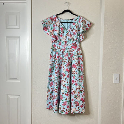 NEW Ann Taylor Strawberry Cherry Flutter Sleeve Flare Midi Dress Size 6 Petites