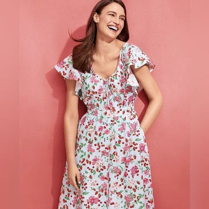 NEW Ann Taylor Strawberry Cherry Flutter Sleeve Flare Midi Dress Size 6 Petites