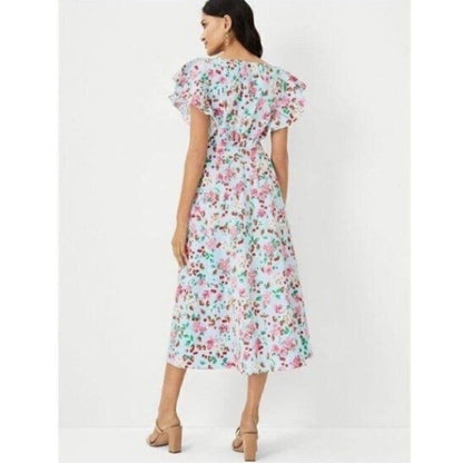 NEW Ann Taylor Strawberry Cherry Flutter Sleeve Flare Midi Dress Size 6 Petites