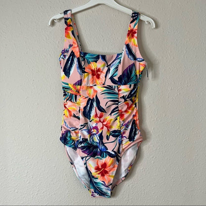 Old Navy Square Neck One Piece Tropical Floral Print Swimsuit Size Small