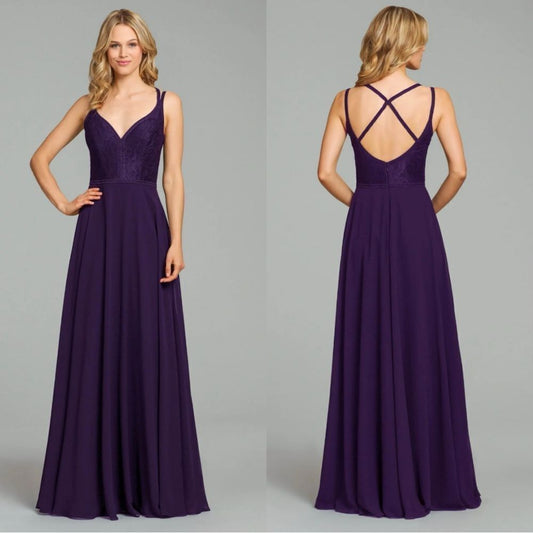 Hayley Paige 5864 Lace Bodice Chiffon A-Line Bridesmaid Maxi Dress Formal Gown