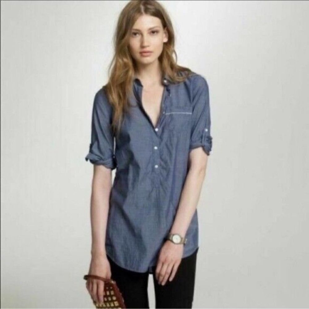 J. Crew Chambray Convertible Sleeve Cotton Half Button Down Shirt Size Small