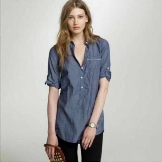 J. Crew Chambray Convertible Sleeve Cotton Half Button Down Shirt Size Small