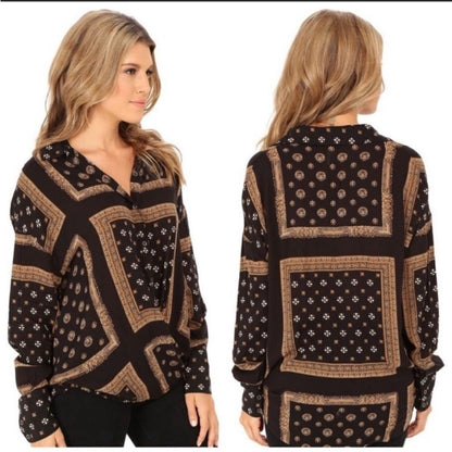 Free People Little Secrets Scarf Print Button Up Shirt Blouse Size Small