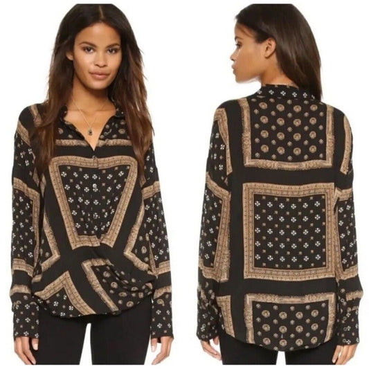 Free People Little Secrets Scarf Print Button Up Shirt Blouse Size Small