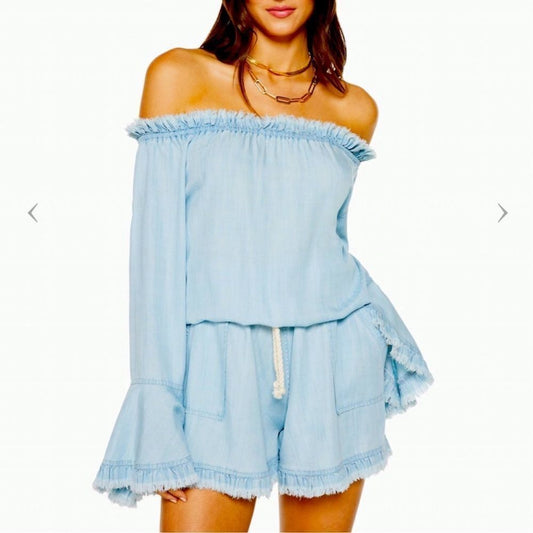 Ramy Brook Esie Chambray Romper Size XS Long Bell Sleeves Off the Shoulder