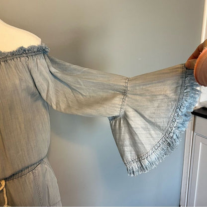 Ramy Brook Esie Chambray Romper Size XS Long Bell Sleeves Off the Shoulder