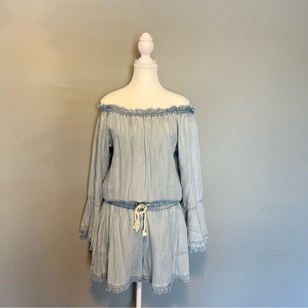 Ramy Brook Esie Chambray Romper Size XS Long Bell Sleeves Off the Shoulder