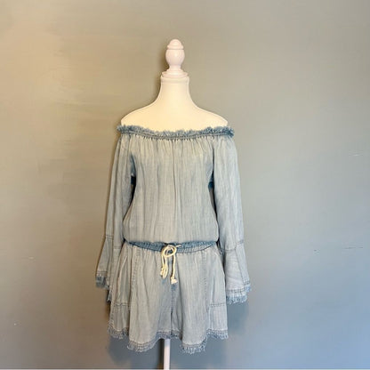 Ramy Brook Esie Chambray Romper Size XS Long Bell Sleeves Off the Shoulder