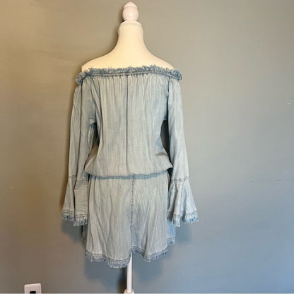 Ramy Brook Esie Chambray Romper Size XS Long Bell Sleeves Off the Shoulder
