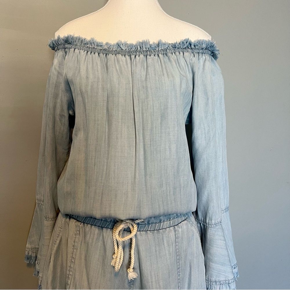 Ramy Brook Esie Chambray Romper Size XS Long Bell Sleeves Off the Shoulder