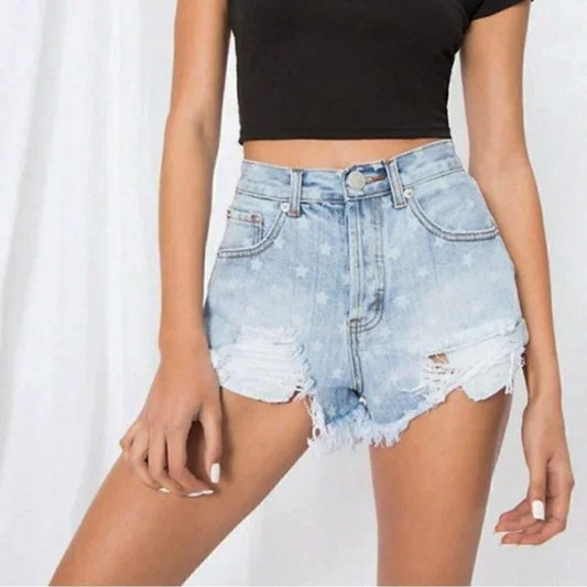 SUPERDOWN Revolve Kenzie Star Print Distressed Denim Jean Shorts High Rise
