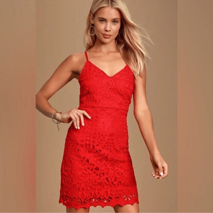 Lulu's Perfect Love Red Lace Eyelet Mini Dress NEW Size Medium