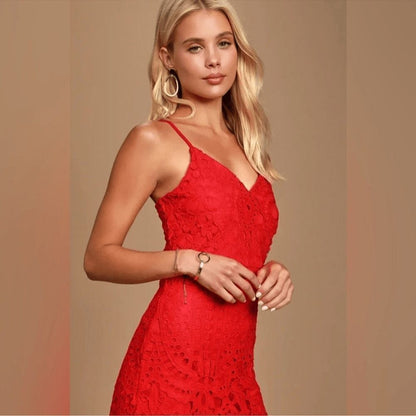 Lulu's Perfect Love Red Lace Eyelet Mini Dress NEW Size Medium