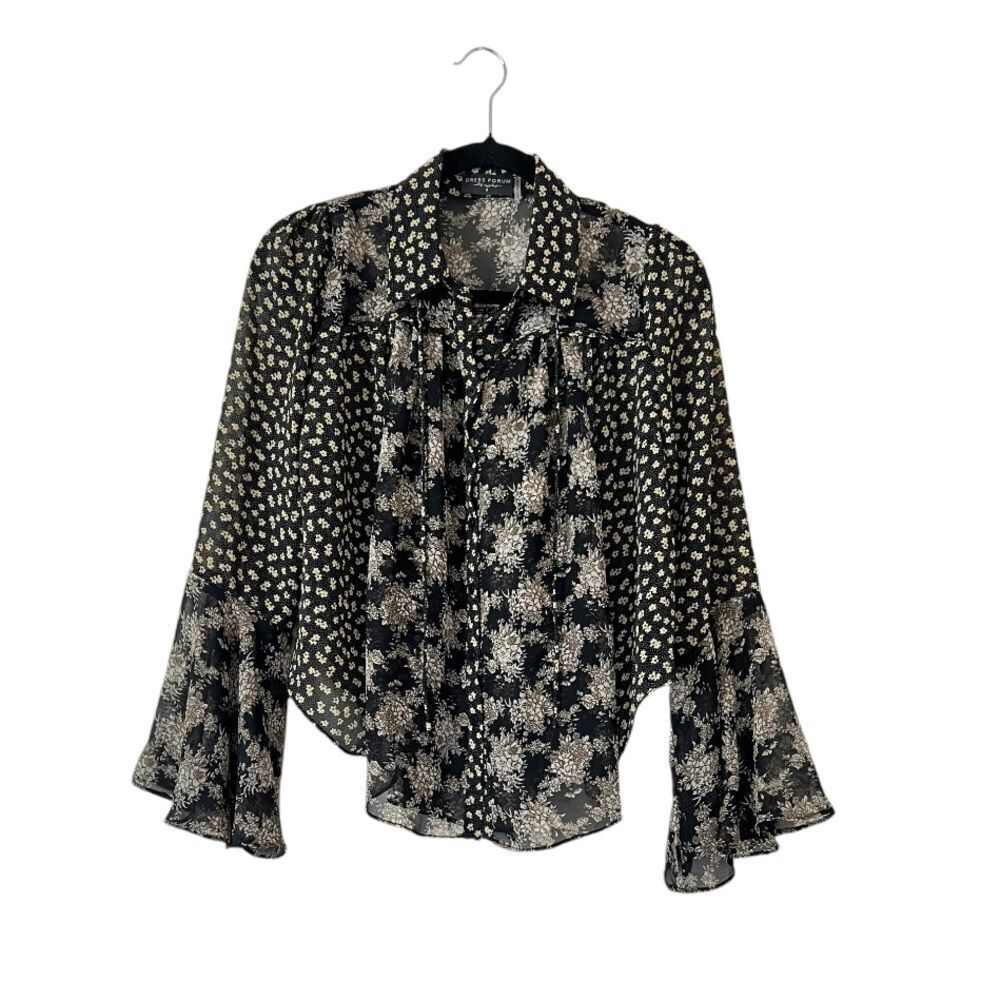 Dress Forum Floral Bell Sleeve Sheer Blouse Top Size Small