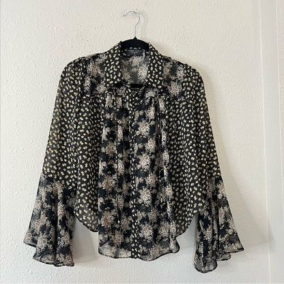 Dress Forum Floral Bell Sleeve Sheer Blouse Top Size Small