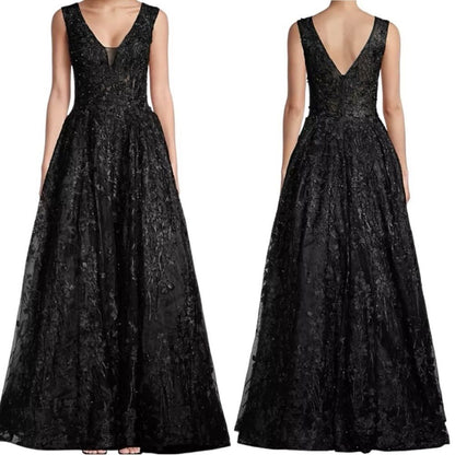 Mac Duggal Floral Embroidered Illusion V-Neck Gown Black Maxi Dress NEW Size 2