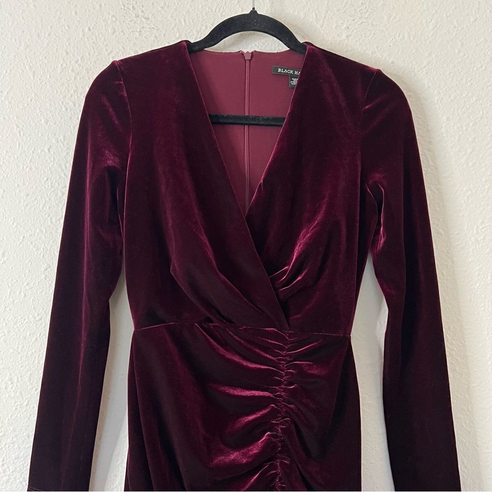 BLACK HALO l Maroon Velvet Long Sleeve V Neck Mini Cocktail Bodycon Dress Size 0