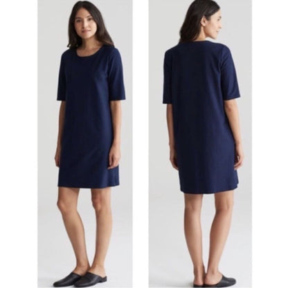 EILEEN FISHER Navy Washable Stretch Crepe Side Zip Shift Dress Medium Petite