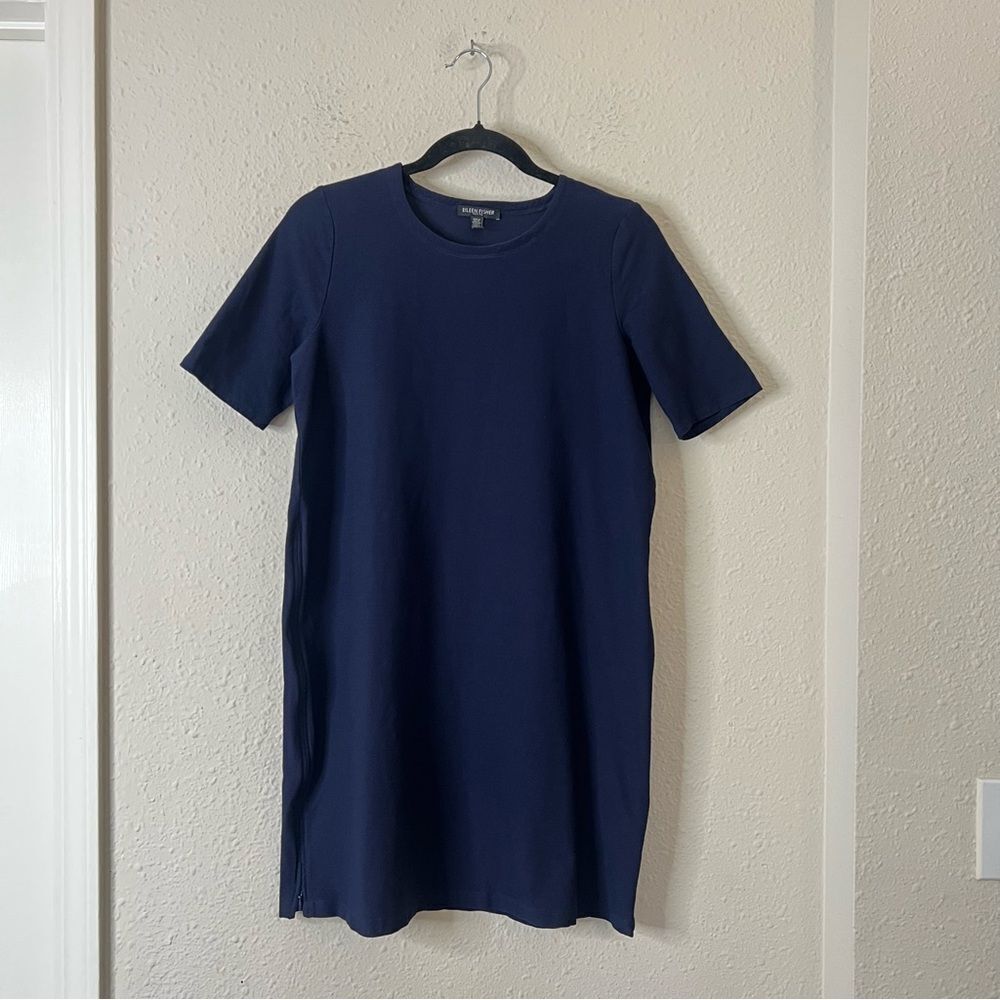 EILEEN FISHER Navy Washable Stretch Crepe Side Zip Shift Dress Medium Petite