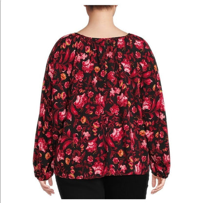 Terra & Sky Women’s Plus Size Floral Peasant Top with Long Sleeves
