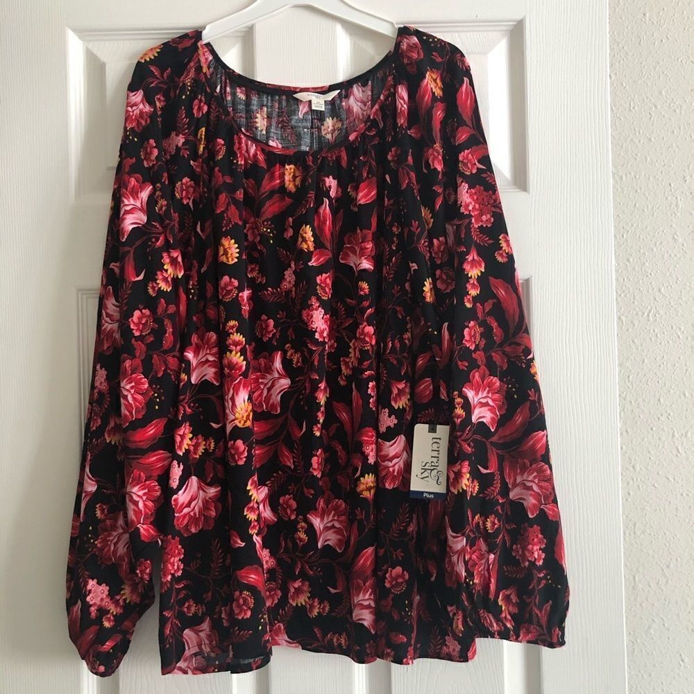 Terra & Sky Women’s Plus Size Floral Peasant Top with Long Sleeves