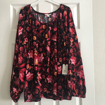 Terra & Sky Women’s Plus Size Floral Peasant Top with Long Sleeves
