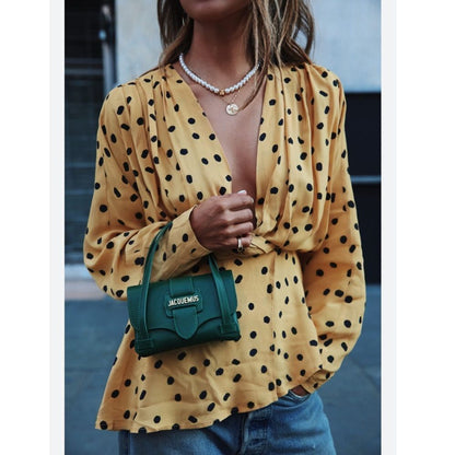 L'Academie Polka Dot Long Sleeve Blouse Top Size XL Yellow Retro
