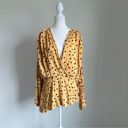 L'Academie Polka Dot Long Sleeve Blouse Top Size XL Yellow Retro