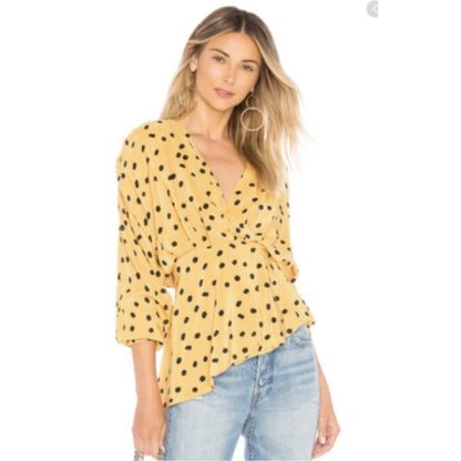L'Academie Polka Dot Long Sleeve Blouse Top Size XL Yellow Retro