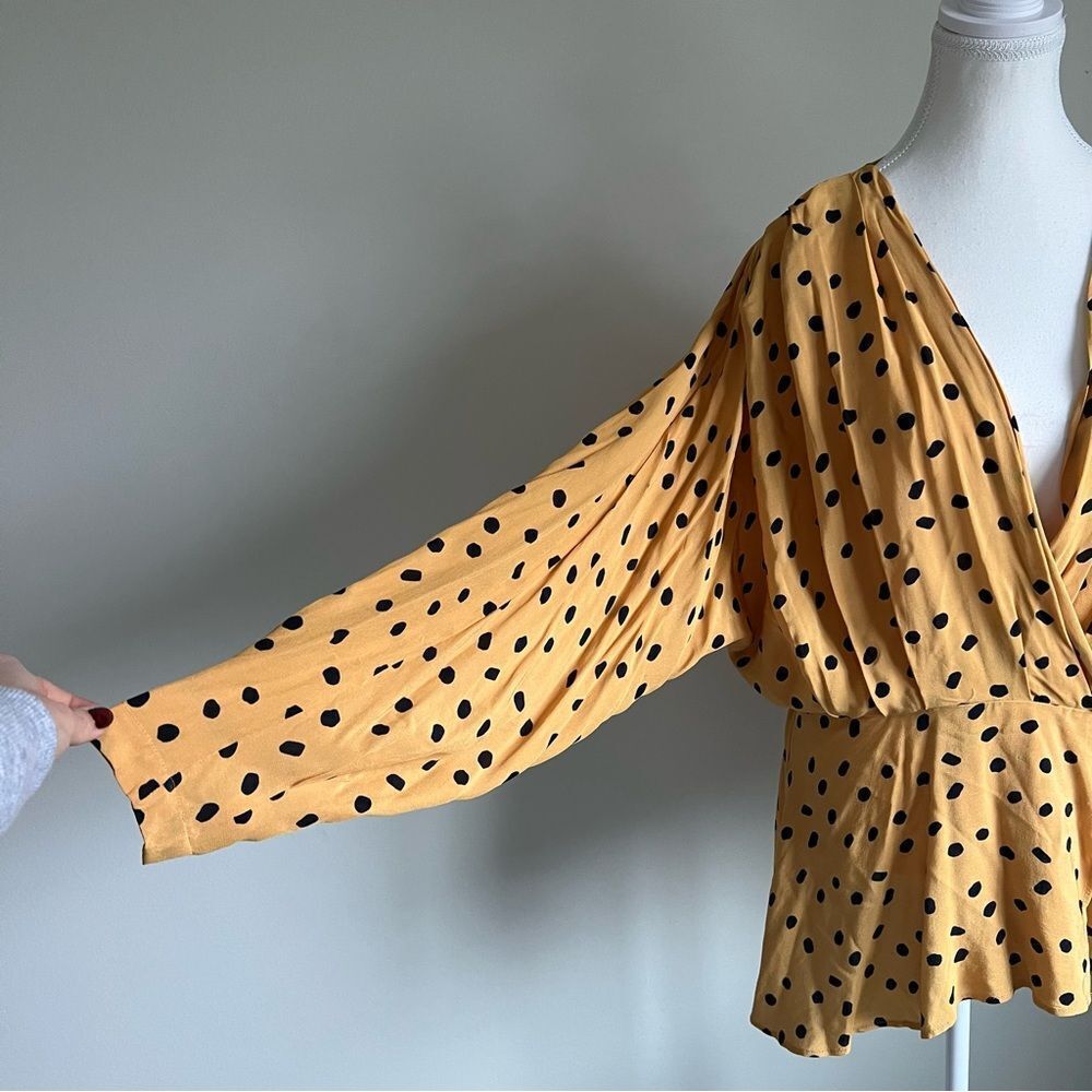 L'Academie Polka Dot Long Sleeve Blouse Top Size XL Yellow Retro