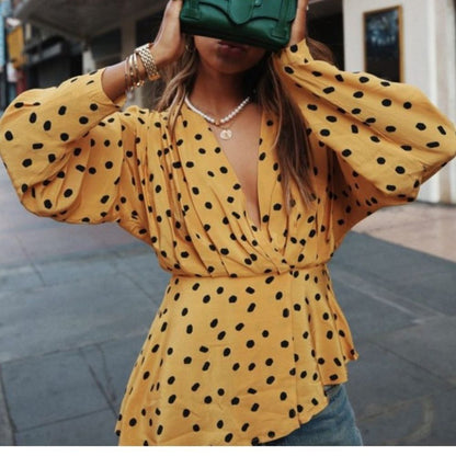 L'Academie Polka Dot Long Sleeve Blouse Top Size XL Yellow Retro
