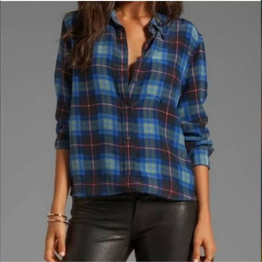Equipment Femme Reese Plaid Silk Button Down Shirt Size XS