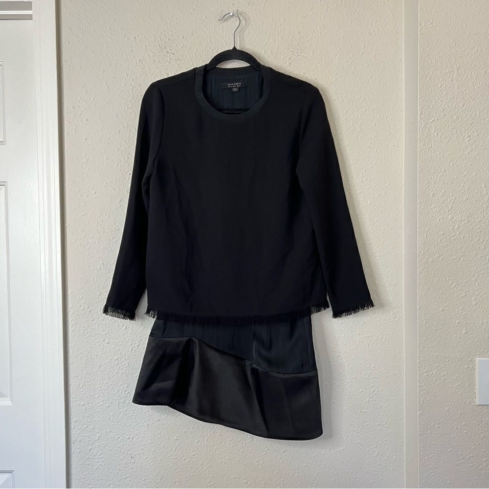 All Saints Long Sleeve Black Mini Dress Layered Asymmetrical Hem Size 0