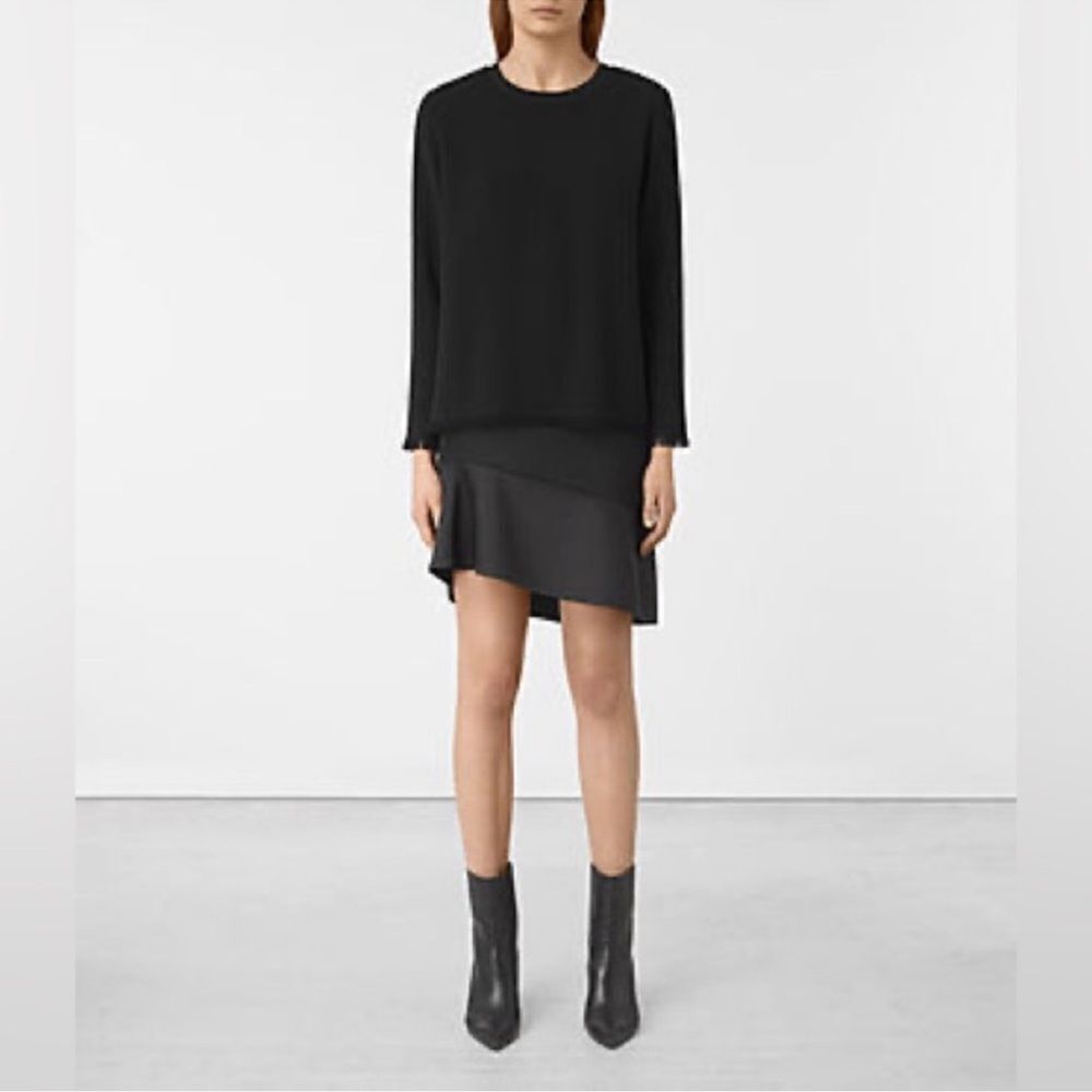 All Saints Long Sleeve Black Mini Dress Layered Asymmetrical Hem Size 0