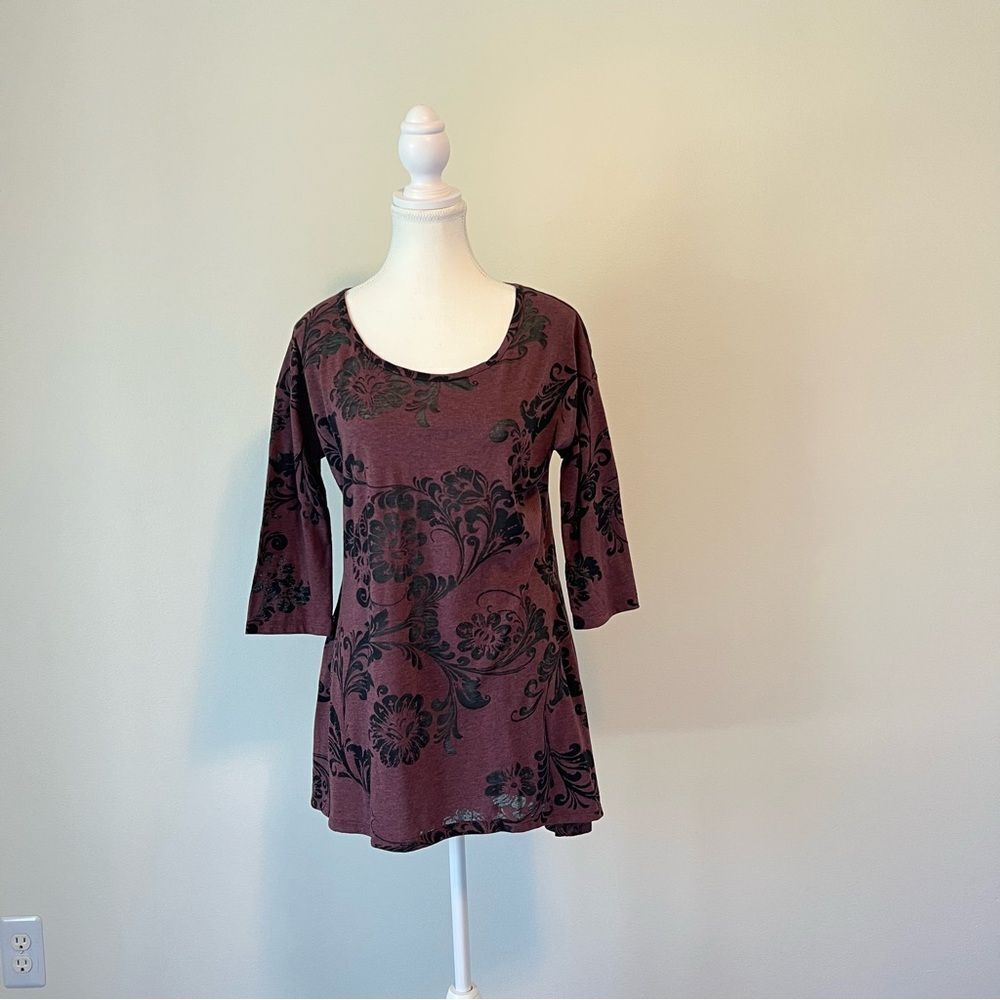 Peruvian Connection Floral Tunic Top Burnout Size Medium 3/4 Sleeve