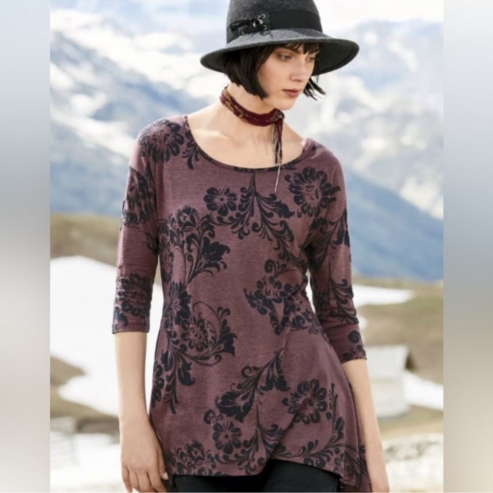 Peruvian Connection Floral Tunic Top Burnout Size Medium 3/4 Sleeve