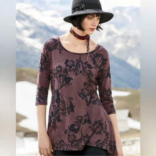 Peruvian Connection Floral Tunic Top Burnout Size Medium 3/4 Sleeve