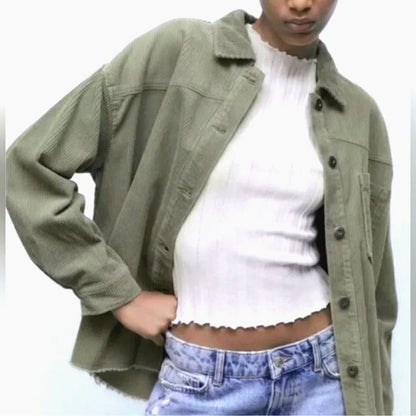 Zara Corduroy Shacket Jacket in Green Size Small