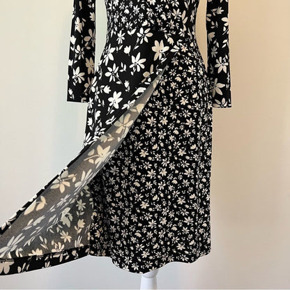 Talbots Bicolor Ditsy Wrap Jersey Black and White Floral Dress NEW Size XS