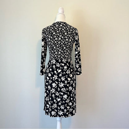 Talbots Bicolor Ditsy Wrap Jersey Black and White Floral Dress NEW Size XS