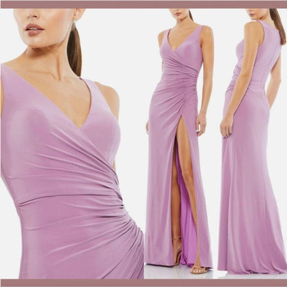 IEENA Mac Duggal Faux Wrap Thigh High Slit V-Neck Sleeveless Gown NEW Size 14