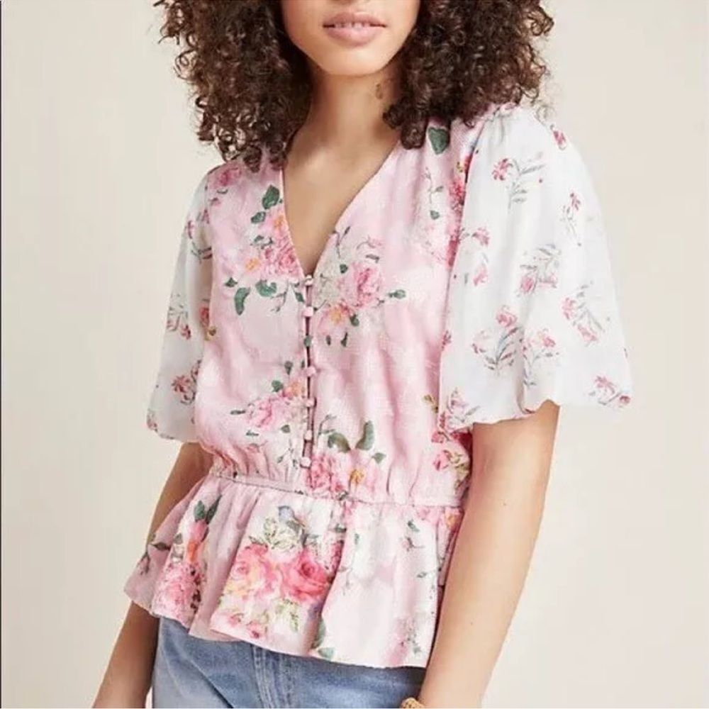 Hemant & Nandita Rose Garden Floral Boho Blouse Size Medium Peasant